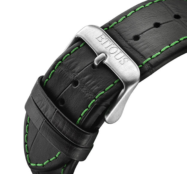 Black leather watch strap with light green stitch - Shop Teckel